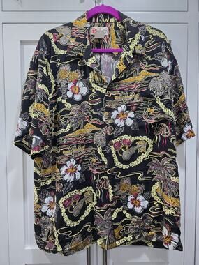 Vintage Hilo Hattie Hawaiian Shirt XL Black Tropical Floral Aloha 90s